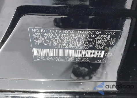 2007 Lexus Es 350 from USA, damaged, VIN JTHBJ46G272025707